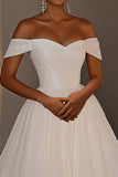 Sparkly Ivory A Line Tulle Off the Shoulder Pleated Wedding Dress