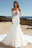 Lace Tulle Ivory Off the Shoulder Mermaid Wedding Dress