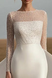 Ivory Satin Long Sleeves Sheath Wedding Dress with Beading