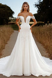 Off the Shoulder Appliqued Ivory A Line Wedding Dress