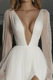 Elegant Ivory Deep V-neck A-Line Applique Tulle Long Wedding Dress with Slit