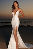 Elegant Ivory Spaghetti Straps Mermaid Long Wedding Dress with Slit