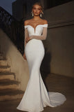 Elegant Ivory Off the Shoulder Mermaid Long Wedding Dress with Long Sleeves