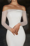 Elegant Ivory Off the Shoulder Beaded Mermaid Long Wedding Dress with Long Sleeves