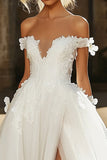 Elegant Ivory Floral Off the Shoulder Tulle A-Line Applique Long Wedding Dress with Slit