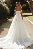 Glitter A Line Off the Shoulder Tulle Ivory Wedding Dress with Appliques