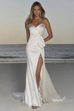 Ivory Sheath Sweetheart Ruched Satin Wedding Dress with Slit