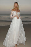 Romantic Ivory A Line Tulle Long Sleeve Wedding Dress with Lace Appliques