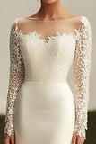 Ivory Sheath Satin Long Sleeve Lace Wedding Dress with Train