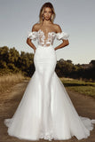 Delicate Ivory A Line Off the Shoulder Tulle Lace Wedding Dress