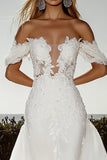 Romantic Ivory Off the Shoulder Lace Applique Tulle A Line Wedding Dress