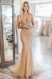 Sparkly Gold  Strapless Sheath Sequined  Long Prom Dress With Embroidery