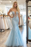 Elegant Sky Blue Mermaid Sweetheart Mermaid Tulle Long Formal Dress With Appliques