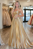 Chic Gold A Line  Deep-V  Satin Pleated Long Formal Dress