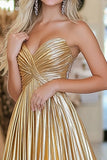 Chic Gold A Line  Deep-V  Satin Pleated Long Formal Dress