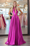 Chic Fuchsia A Line Halter V Neck Satin Pleated Long Formal Dress