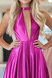 Chic Fuchsia A Line Halter V Neck Satin Pleated Long Formal Dress