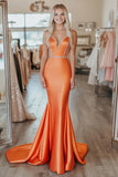 Chic Orange Mermaid Strapless Long Formal Dress With Beading