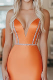 Chic Orange Mermaid Strapless Long Formal Dress With Beading