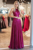 Chic Fuchsia A Line Halter Pleated Long Formal Dress