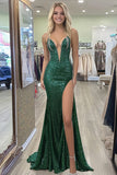 Sparkly Spaghetti Straps Dark Green Mermaid Formal Dress with Slit