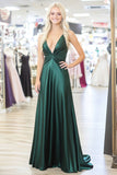 Chic Dark Green V-Neck A Line Satin Formal Dress