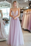 Light Purple A Line Tulle Spaghetti Straps Formal Dress with Lace