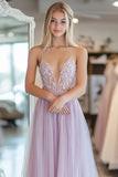 Light Purple A Line Tulle Spaghetti Straps Formal Dress with Lace