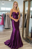 Chic Plum Satin Sweetheart Sheath Ruched Long Prom Dress