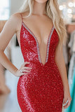 Chic Red V-neck Mermaid Sequin Long Prom Dress with Slit