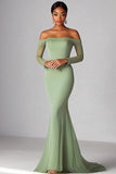 Sexy Sage Off the Shoulder Mermaid Ruched Long Formal Dress with Long Sleevs