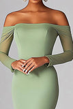 Sexy Sage Off the Shoulder Mermaid Ruched Long Formal Dress with Long Sleevs