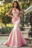 Chia Blush Sweetheart Mermaid Satin Long Formal Dress with Beading