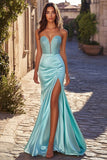 Sexy Blue Sweetheart Sheath Beaded Satin Long Formal Dress with Slit