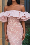 Mermaid Blush Off the Shoulder Appliqued Long Formal Dress