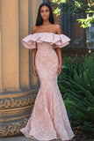 Mermaid Blush Off the Shoulder Appliqued Long Formal Dress