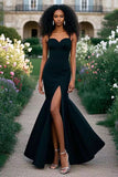 Mermaid Satin Sleeveless Black Corset Long Formal Dress with Slit