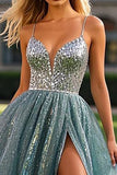 Dusty Blue A Line Sleeveless Beaded Tulle Long Formal Dress