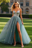 Dusty Blue A Line Sleeveless Beaded Tulle Long Formal Dress