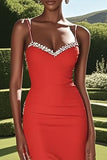 Satin Red Sheath Sleeveless Beaded Long Formal Dress