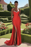 Satin Red Sheath Sleeveless Beaded Long Formal Dress