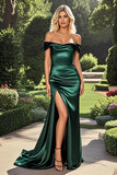 Sheath Dark Green Off The Shoulder Draped Long Formal Dress