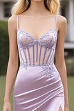 Lilac Spaghetti Straps Sheath Ruched Long Formal Dress with Slit