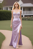 Lilac Spaghetti Straps Sheath Ruched Long Formal Dress with Slit