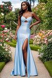 Sky Blue Sleeveless Satin Sheath Beaded Long Formal Dress