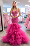 Fuchsia Fish Flare V-Neck Tulle Formal Dress