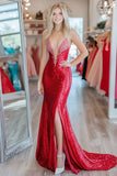 Red Mermaid Deep V-Neck Sequined Beaded Formal Dress