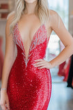 Red Mermaid Deep V-Neck Sequined Beaded Formal Dress