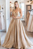 A Line Gold Strapless Metallic Satin Formal Dress