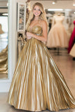 Gold A Line Strapless Metallic Satin Pleated Formal Dress